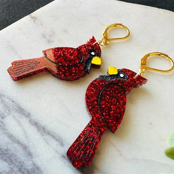 Christmas Cardinal Earrings Songbird, Winter bird - Picture 3 of 6